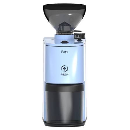 Eureka Peppe 50 electric coffee grinder in blue with a black bean hopper and grounds container.