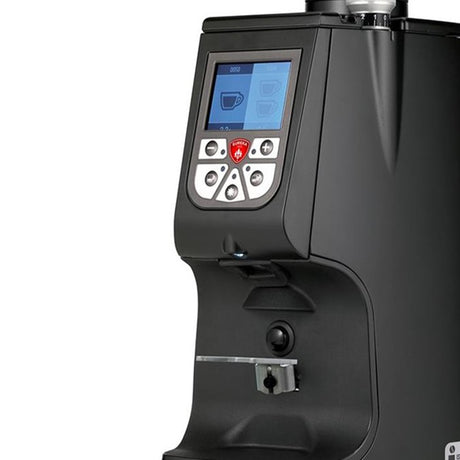 Black coffee machine with digital display on a white background