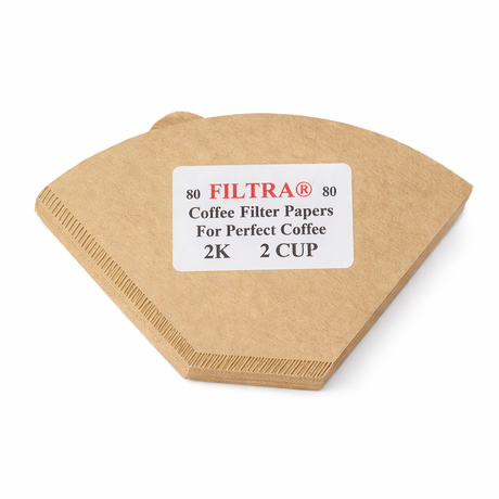 Brown coffee filter with a white label on a white background