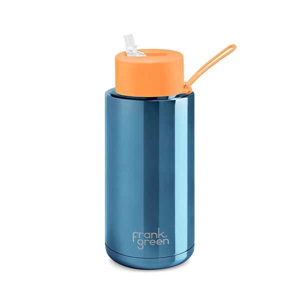 Frank Green 34oz/1005ml Ceramic Reusable Bottle with Straw Lid - Chrome Blue / Orange Lid