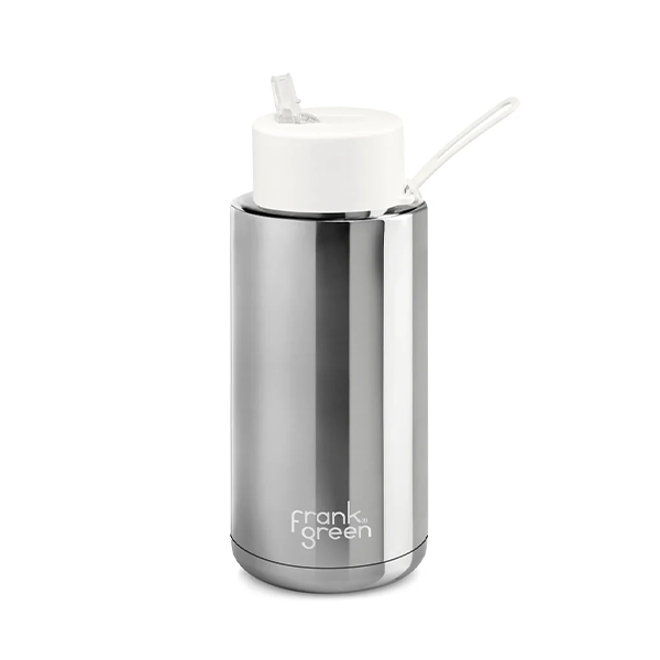 Frank Green 34oz/1005ml Ceramic Reusable Bottle with Straw Lid - Chrome Silver / Cloud Lid