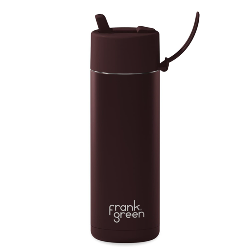 Brown reusable water bottle with Frank Green logo on a white background