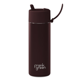Brown reusable water bottle with Frank Green logo on a white background