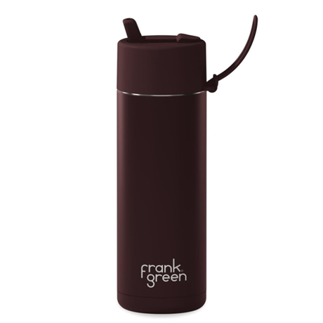Brown reusable water bottle with Frank Green logo on a white background