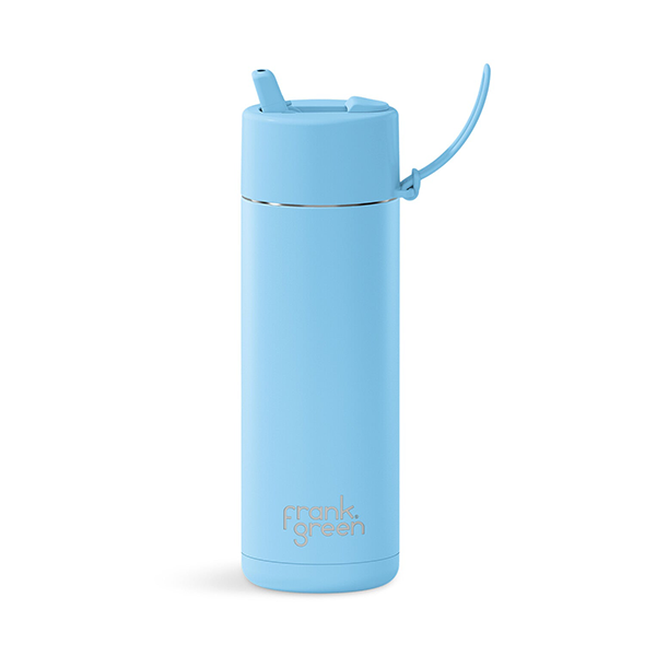 Light blue water bottle with a straw on a white background