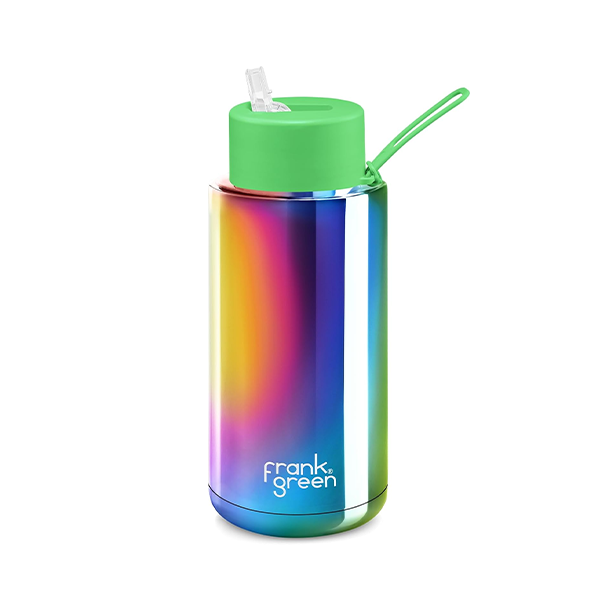 Frank Green 34oz/1005ml Ceramic Reusable Bottle with Flip Straw - Chrome Rainbow / Neon Green Lid
