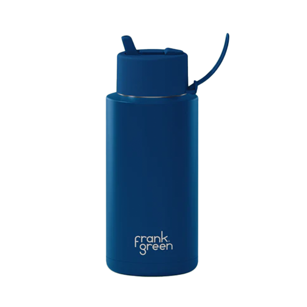 Blue water bottle with a straw lid on a white background, featuring the brand 'frank green'.
