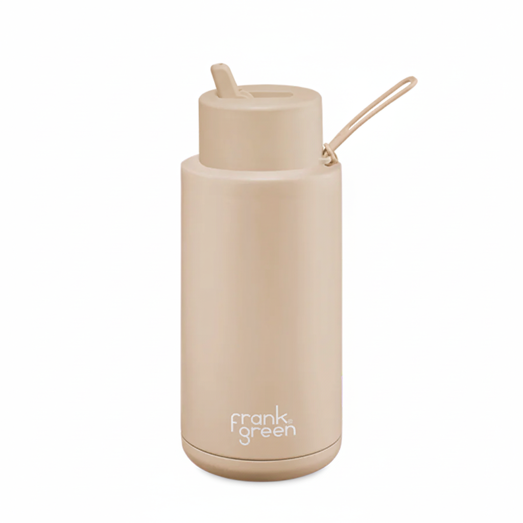 Beige water bottle with straw lid on a white background, featuring the brand 'frank green'.