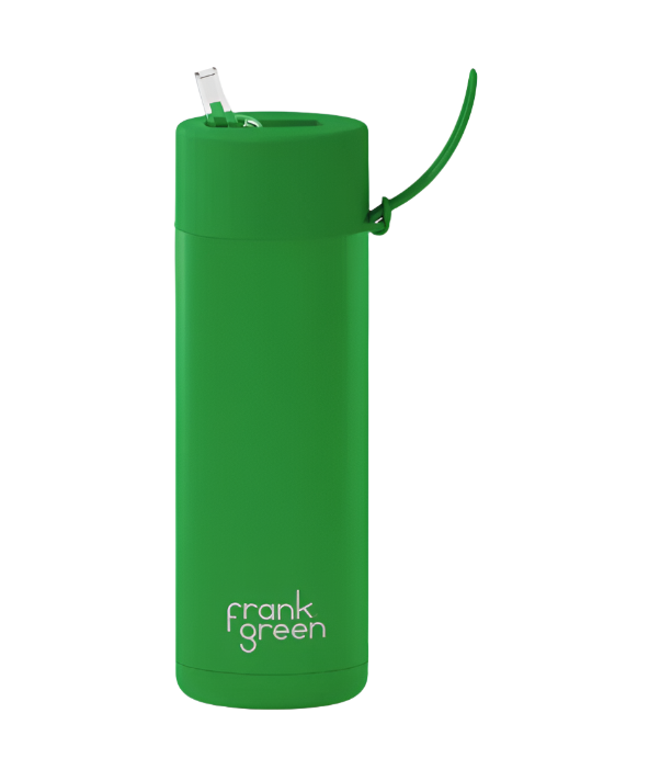 Green reusable water bottle with a straw on a white background, branded 'frank green'.