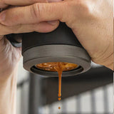 Collage of a person making coffee, including grinding beans and pouring into a cup.