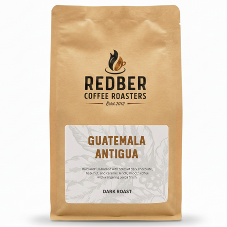 Coffee bag from Redber Coffee Roasters with Guatemala Antigua flavor description on a white background