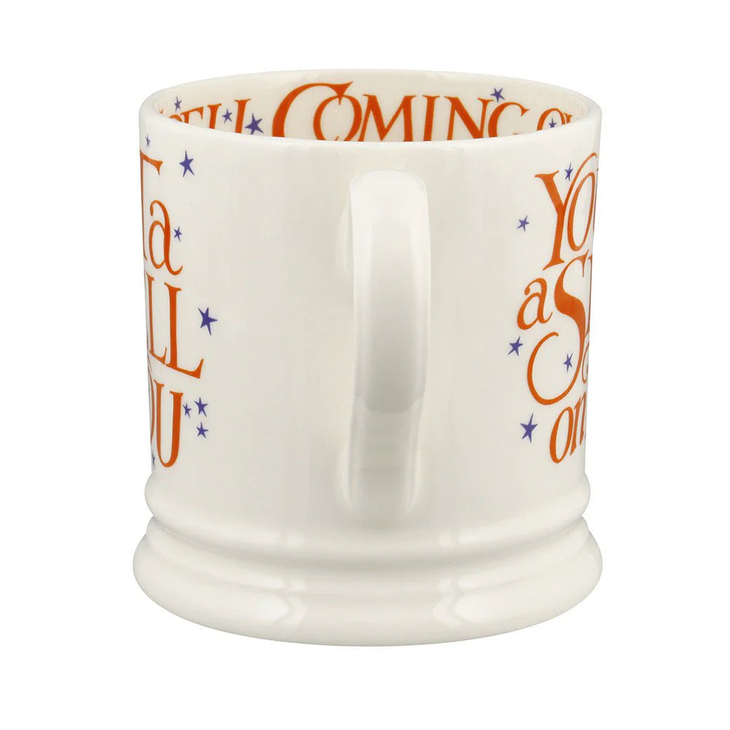 White mug with orange text on a white background