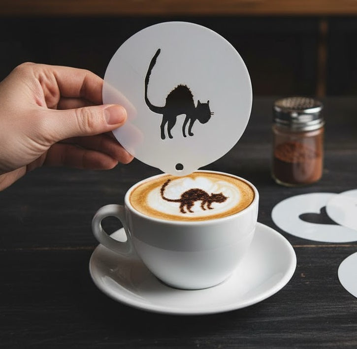 Hand holding a white disc with a black cat design over a cup of coffee with similar design.