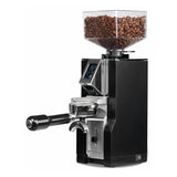 Coffee grinder with a clear container of coffee beans on a white background