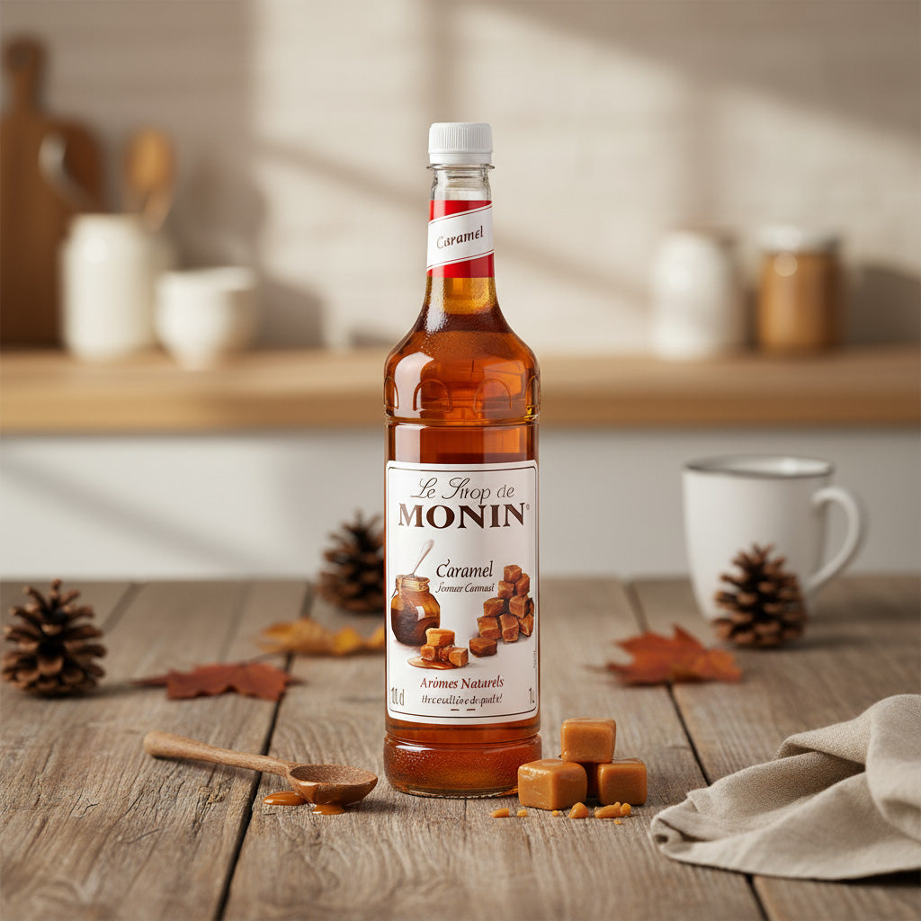Bottle of Monin caramel syrup on a wooden table with autumn decorations.