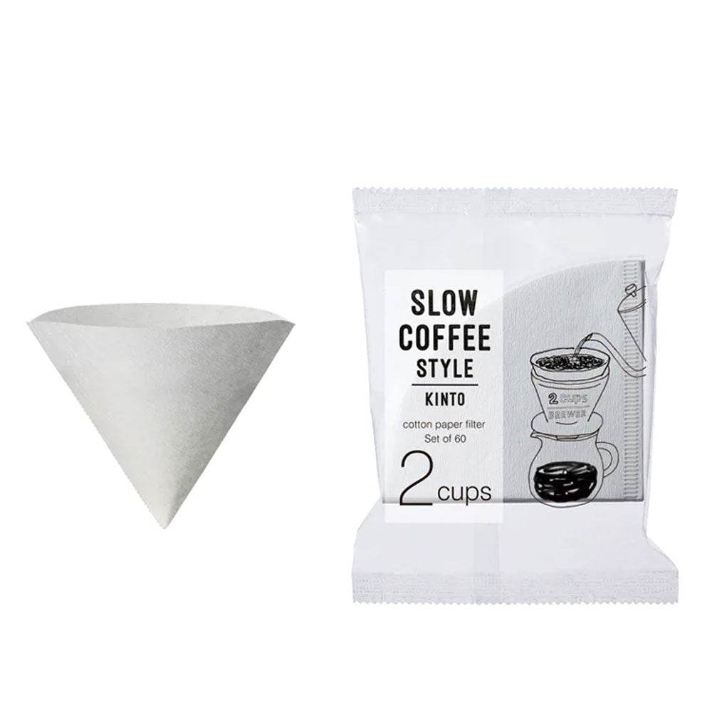 Packaging of Kinto SCS-02-CP-60 Cotton Paper Filter for 2 cups alongside an unfolded filter, displaying the product and its purpose for slow coffee brewing.