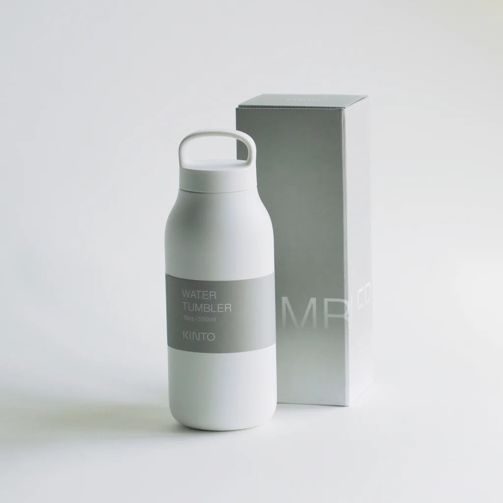 White water bottle with 'Kinto' branding on a light gray background