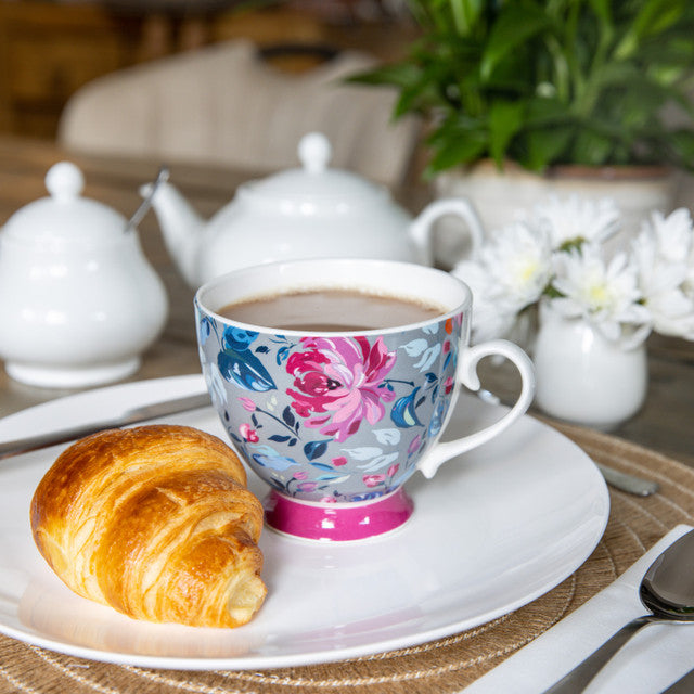 KitchenCraft China 400ml Footed Mug - Grey Floral