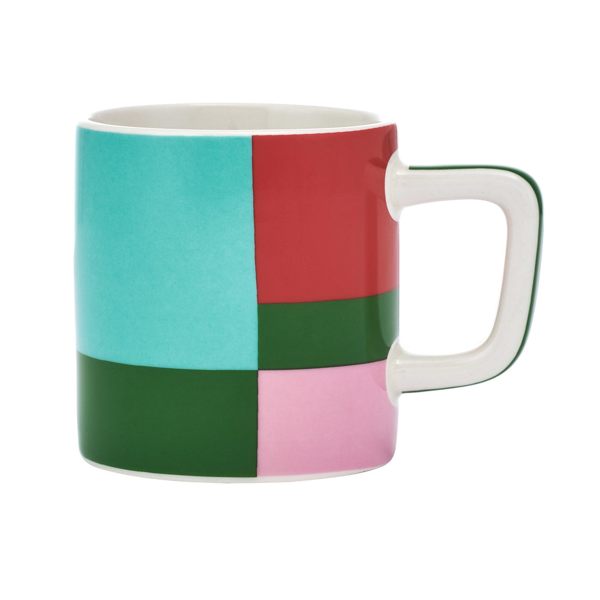 Color-blocked mug with a white handle on a white background