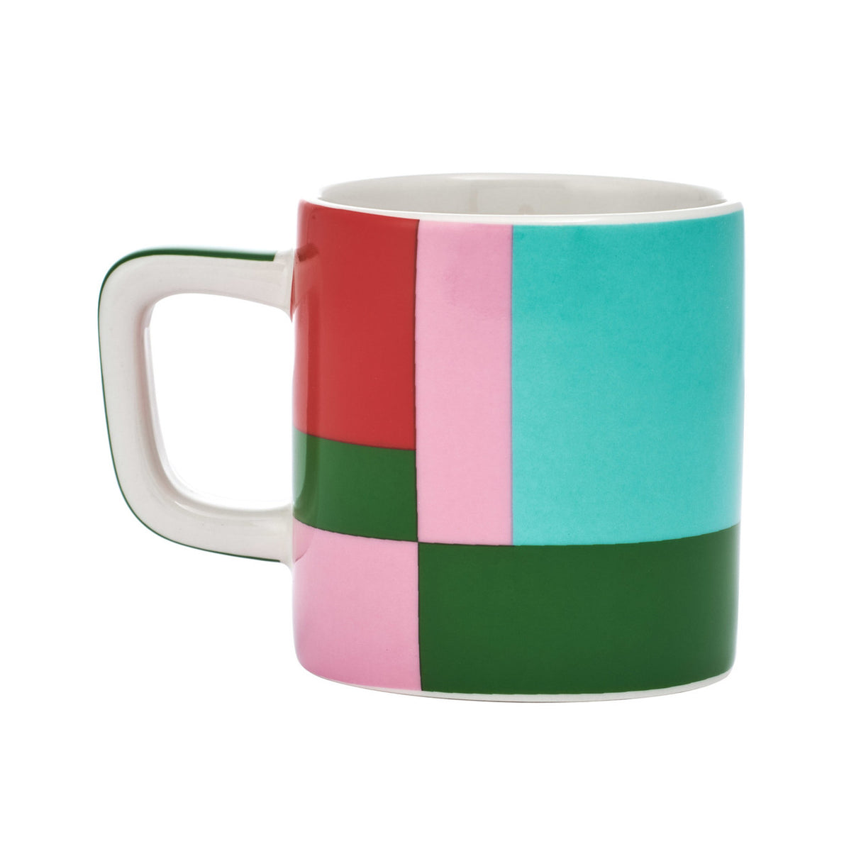 Colorful mug with geometric pattern on a white background