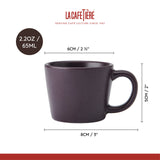 Black mug with dimensions and La Cafétière branding on a white background