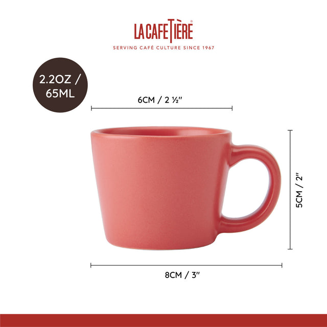 Red mug with dimensions and La Cafétière branding on a white background