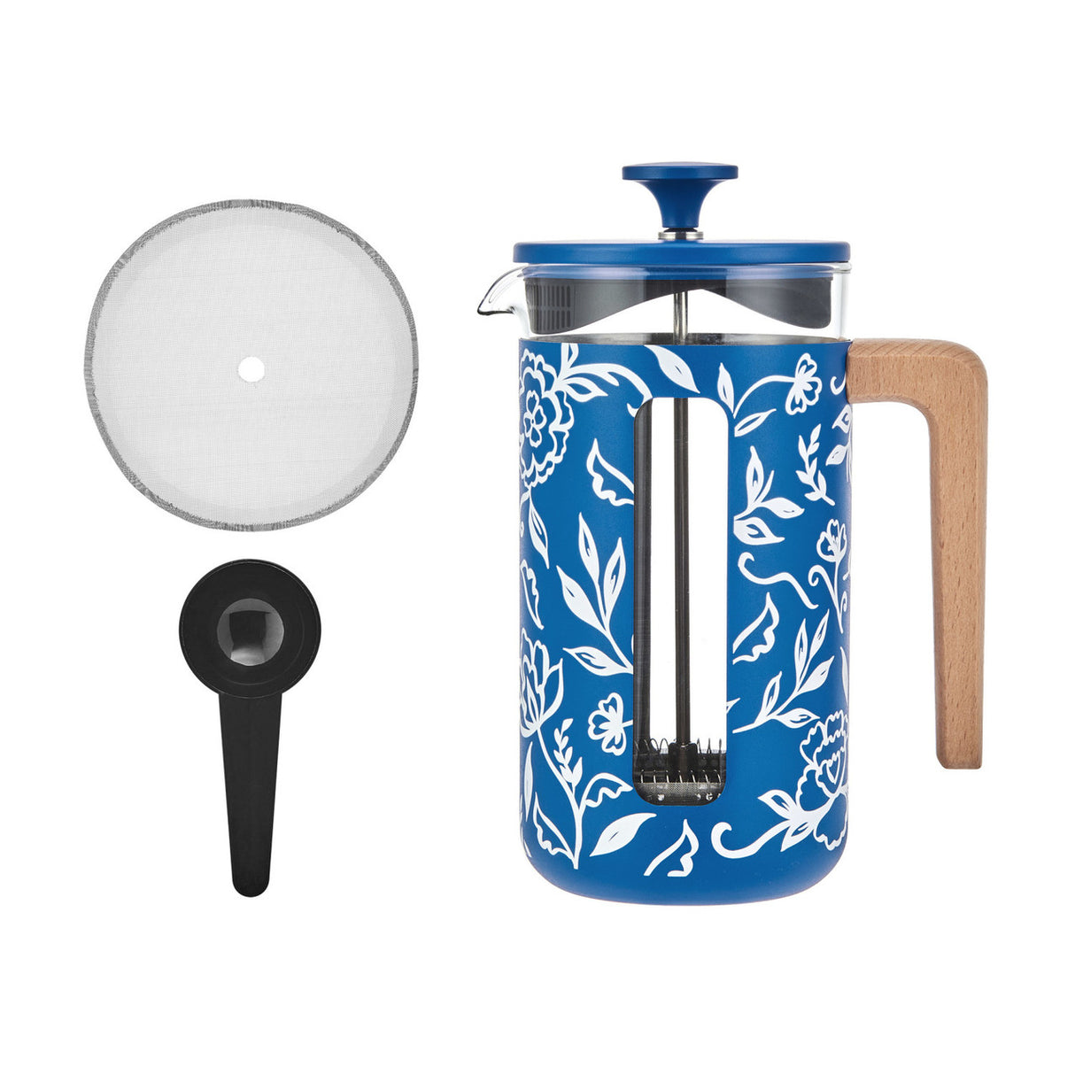 Blue floral-patterned French press coffee maker with wooden handle on a white background