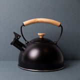 Black kettle with wooden handle and lid knob on a gray background