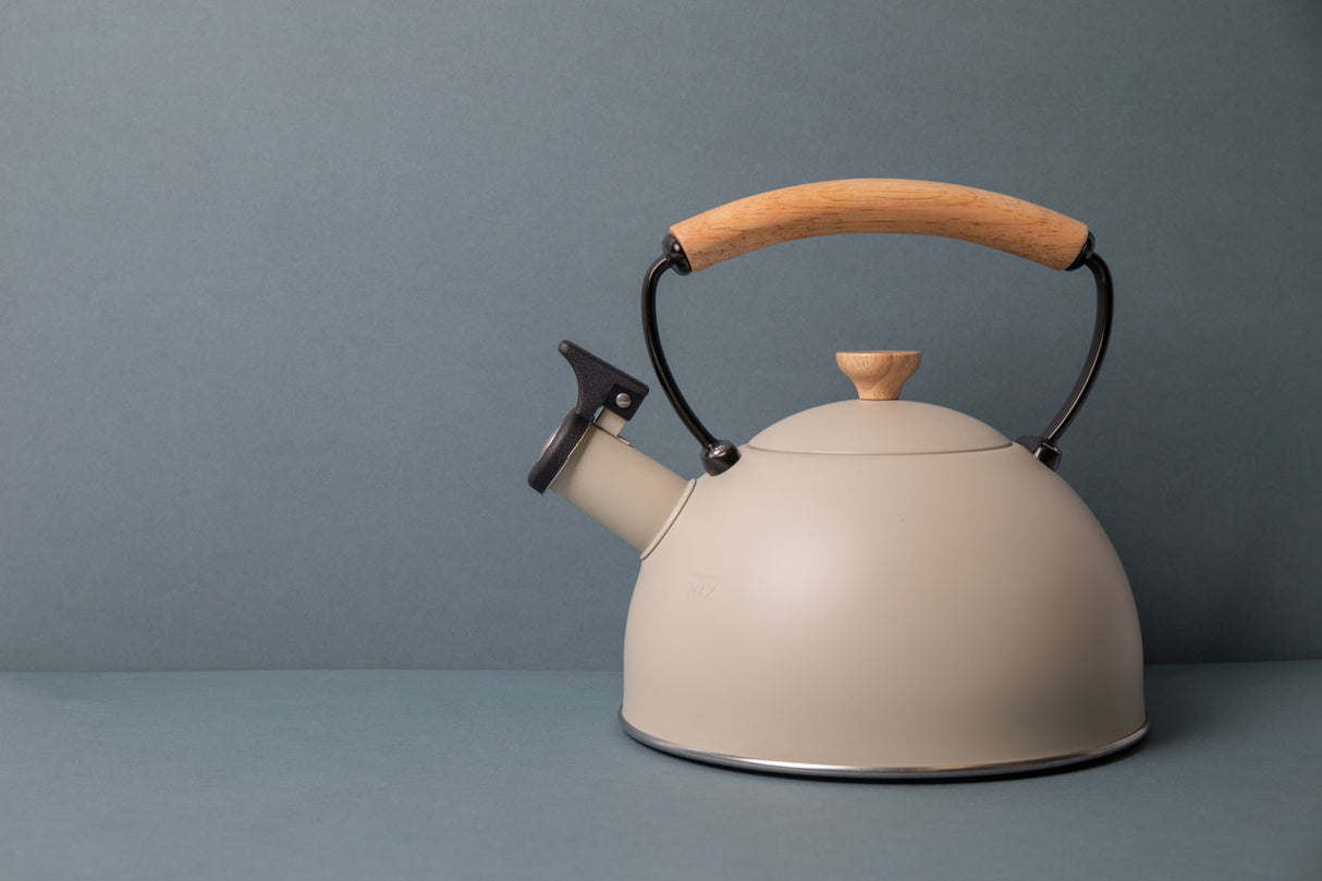 Beige kettle with wooden handle on a gray background