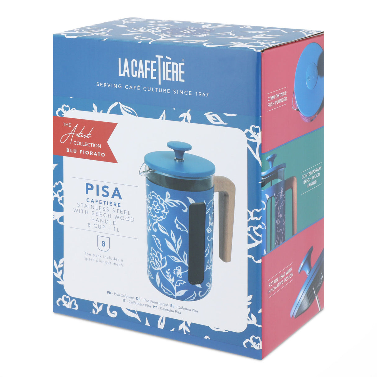 La Cafetière Pisa 8 Cup 1L Stainless Steel Cafetiere - Blu Fiorato