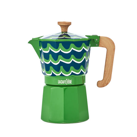 Green and blue coffee maker with wooden handle on a white background