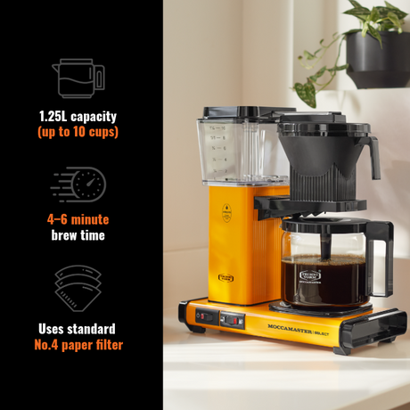 Yellow coffee maker with brewing process on a light background