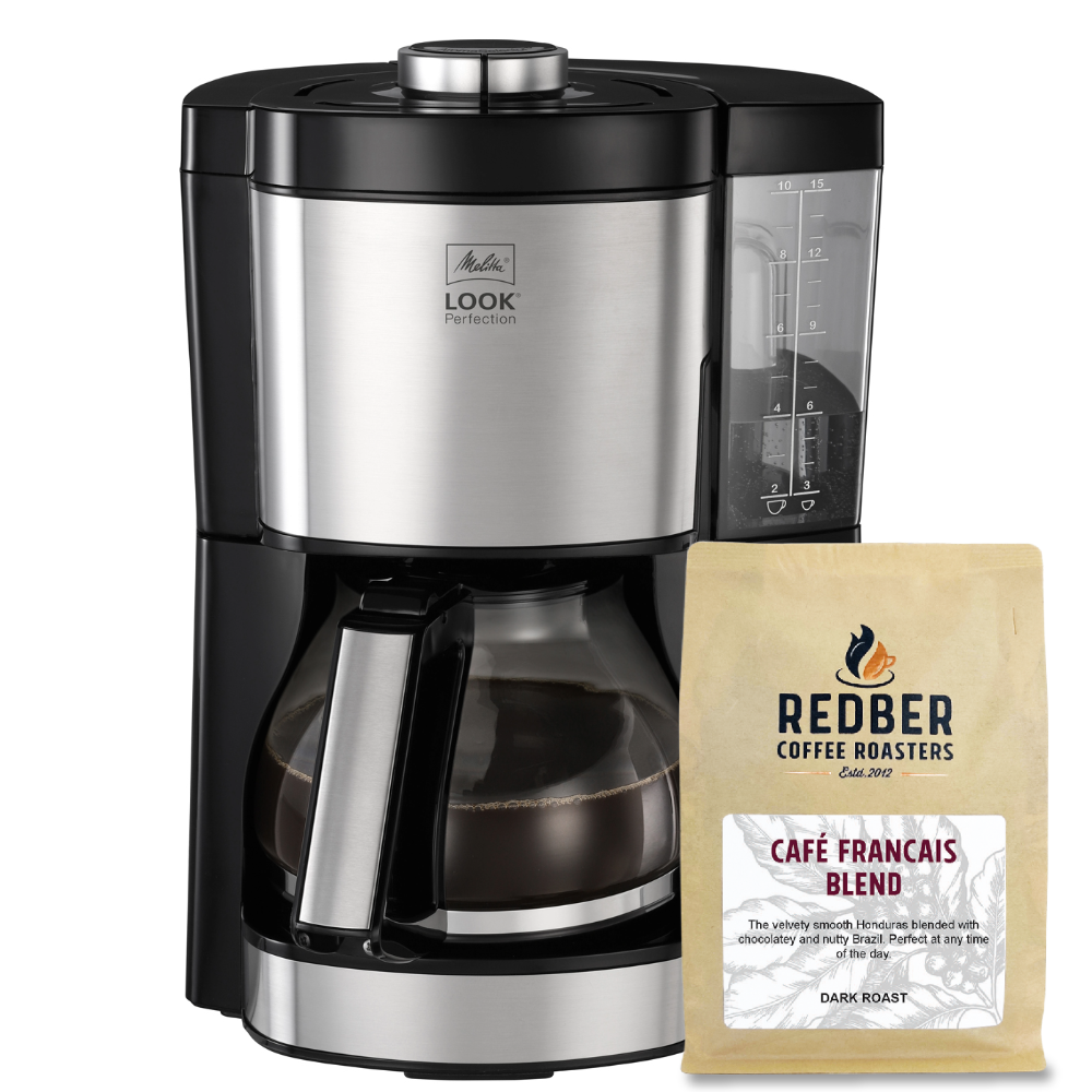Melitta Coffee maker with a bag of Redber Coffee Roasters Café Français Blend on a white background