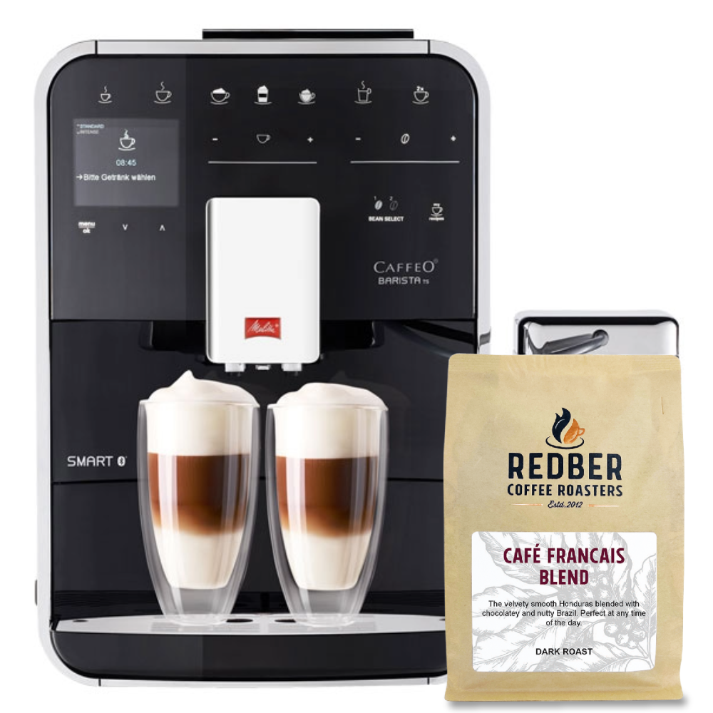 Caffeo Barista TS coffee machine with two cups of coffee and a bag of Redber Coffee Roasters coffee.