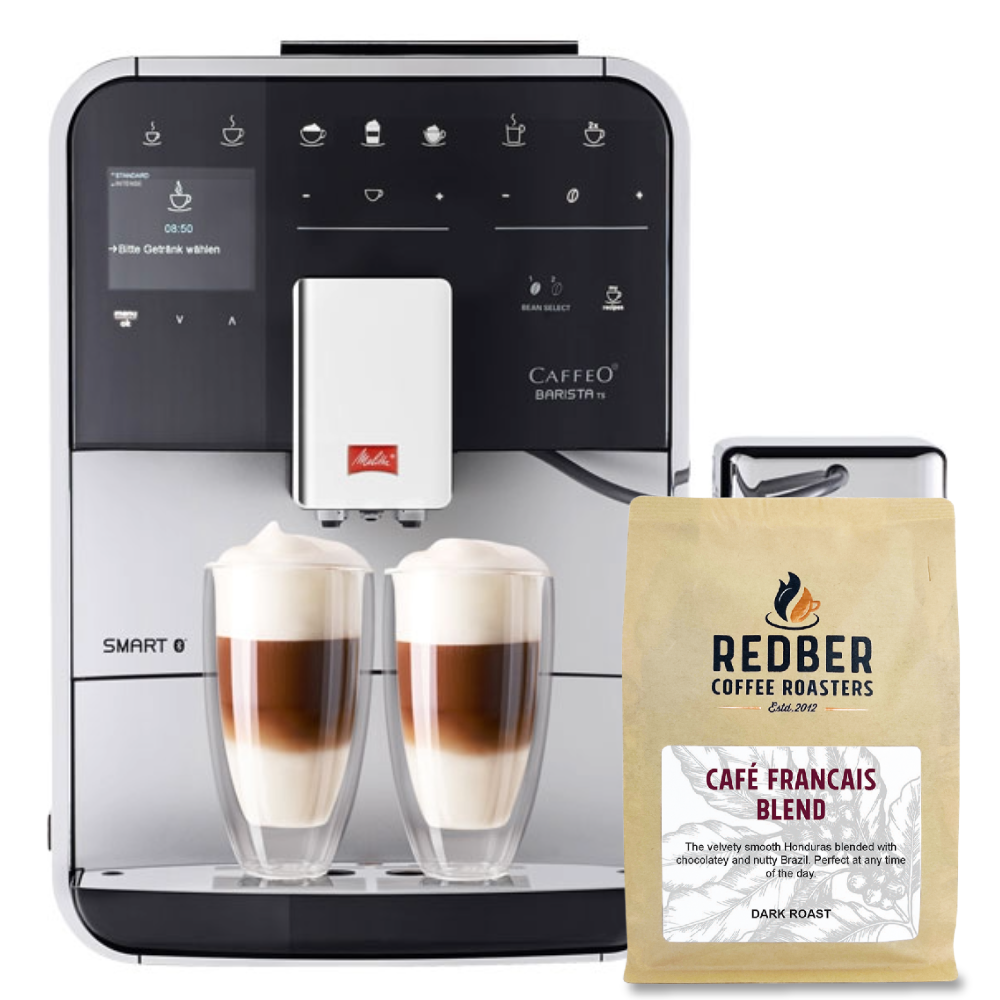 Melitta Bean To Cup Coffee machine with two cups of coffee and a bag of Redber Coffee Roasters coffee on a white background