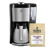 Coffee maker with a bag of Redber Coffee Roasters Cafe Français Blend on a white background
