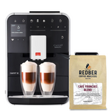 Espresso machine with two glasses of coffee and a bag of Redber Coffee Roasters coffee on a white background