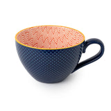 Mikasa Stoneware Mug, 330ml - Red and Blue Arc  Navy blue mug with orange interior featuring wavy pattern on a white background