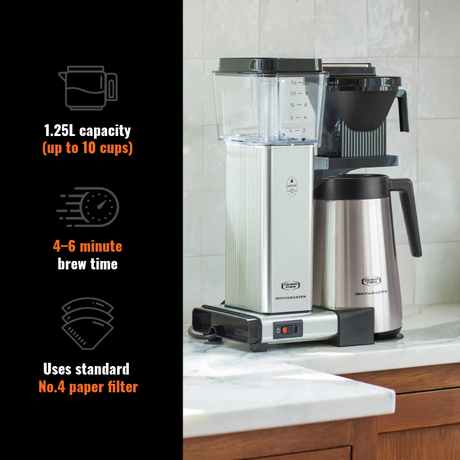 Coffee maker with features listed on a black background