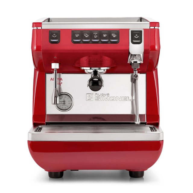 Red espresso machine with 'Nuova Simonelli' branding on a white background