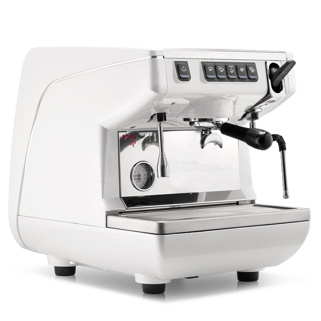 White espresso machine with chrome accents on a white background