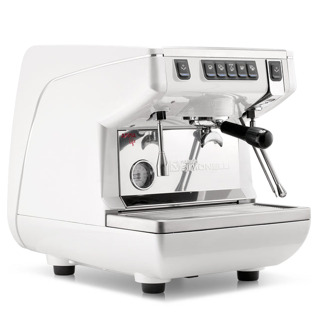 White espresso machine with chrome accents on a white background