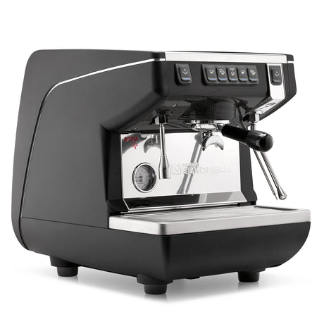 Black espresso machine with silver accents on a white background