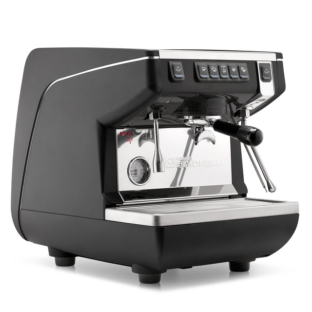 Black espresso machine with silver accents on a white background