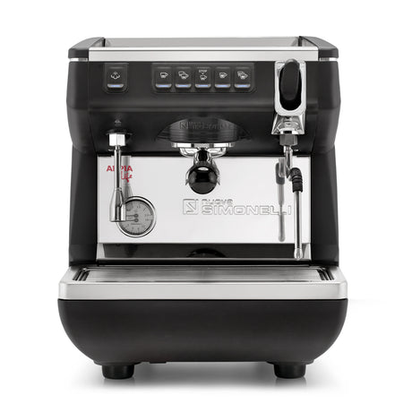 Black and silver espresso machine on a white background