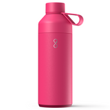 Pink water bottle with a logo on a white background