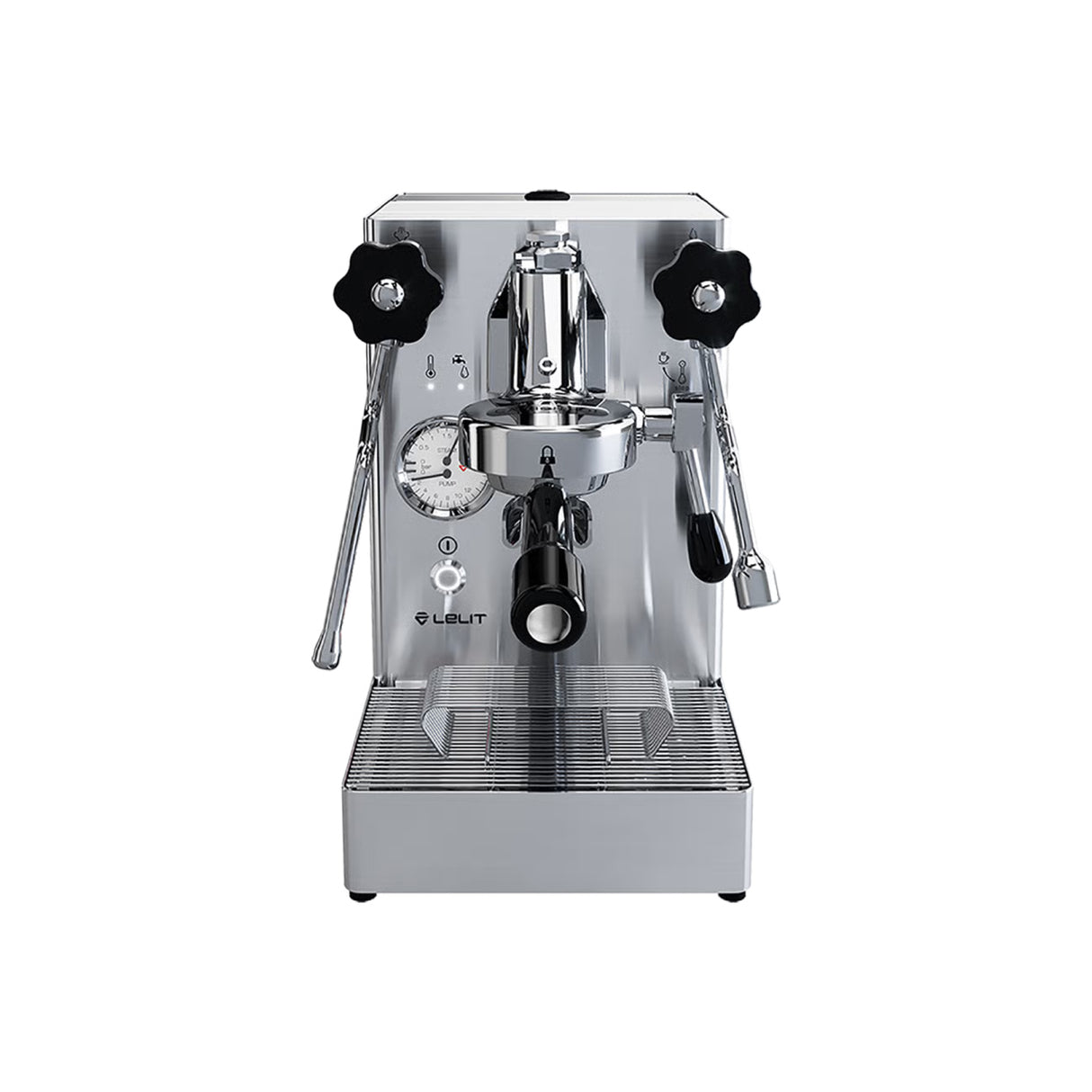Espresso machine with black handles on a white background