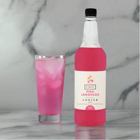 1-litre bottle of Simply Syrup Pink Lemonade Cooler with vibrant pink label, ideal for crafting refreshing summer drinks, cocktails, and mocktails in cafés or at home.