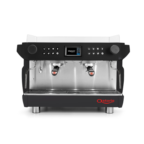 Coffee machine with a black and silver design on a white background