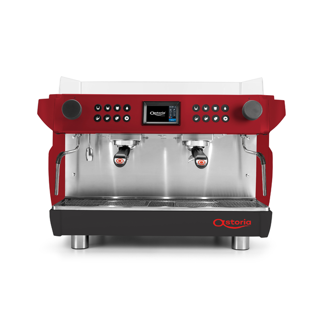Red and black espresso machine with digital display on a white background